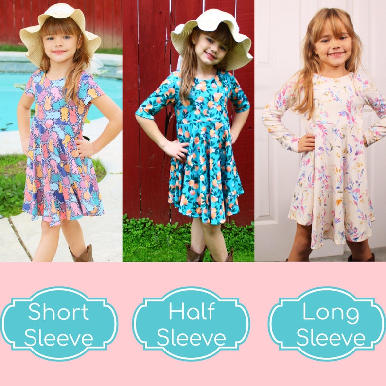 May include: Three girls wearing different styles of dresses with floral prints. The girl on the left is wearing a short-sleeved dress with a pink and blue floral print. The girl in the middle is wearing a half-sleeved dress with a turquoise and orange floral print. The girl on the right is wearing a long-sleeved dress with a white and pink floral print. Each girl is wearing a straw hat and brown boots.