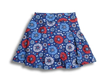 4th of July Skirt with Shorts, Red White and Blue Skort, Bold Floral Hearts Print, Summer Patriotic Party Outfit, Americana Style
