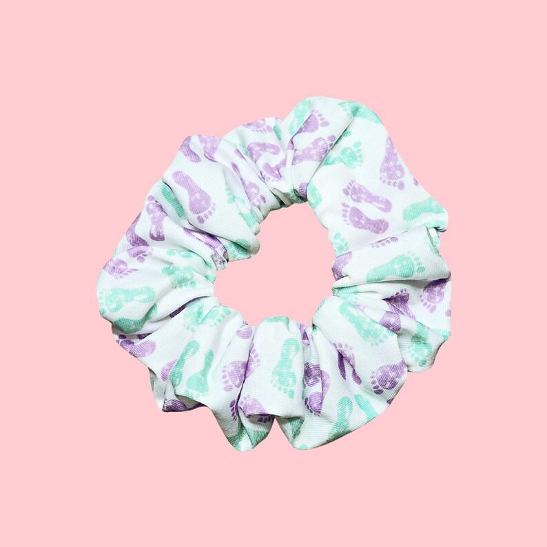 Baby Footprint Scrunchie Nurse Print, Labor and Delivery Hair Accessory OBGYN Gift for Her Pastel Pink and Blue Baby Nurse Gift Purple