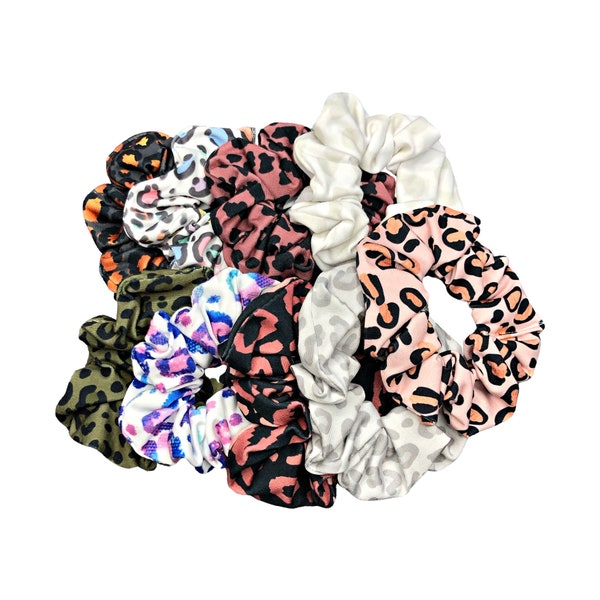 Leopard Print Scrunchies, Animal Print Hair Tie, Women's Hair Accessory, 90s, Pastel Rainbow, Rose Gold, Pink, Olive, Gray, Mauve