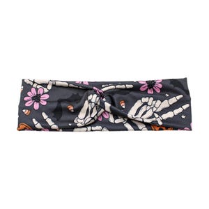 Womens Halloween Fall Headband, 3&quot; Retro Skeleton Hand, Floral Running Workout Gym Hair, Gift for Teen Girl, Soft Fabric Hair Band