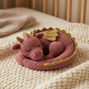 Può includere: Un drago giocattolo all'uncinetto di colore rosa polvere con accenti verde oliva sulle ali, sulle corna e sulle spine dorsali. Il drago è raggomitolato in posizione di riposo con gli occhi chiusi e presenta una lavorazione a maglia dettagliata.