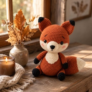 May include: A crocheted fox stuffed animal with burnt orange yarn, a cream-coloured chest and muzzle, black-tipped ears, black paws, and a bushy tail with a cream-coloured tip. The fox has small black eyes and embroidered facial features.