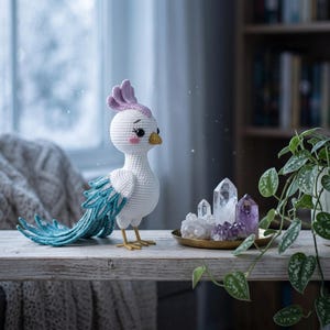 Könnte beinhalten: Eine handgefertigte Häkelvogel-Figur mit weißem Körper, hellviolettem Kamm und langen türkisfarbenen Schwanzfedern. Der Vogel hat einen gelben Schnabel, schwarze Augen und rosa Wangen und steht auf dünnen gelben Beinen neben einem goldenen Kristalltablett.