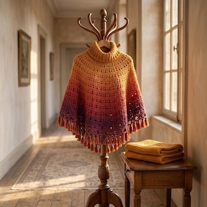 May include: A crochet poncho featuring a gradient color pattern that transitions from mustard yellow at the turtleneck collar to orange, red, and deep purple at the hem, finished with a fringe trim along the bottom edge of the garment.