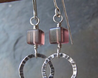 Lavender Fluorite & Silver Earrings - handmade sterling earrings w/ fluorite - hammered silver