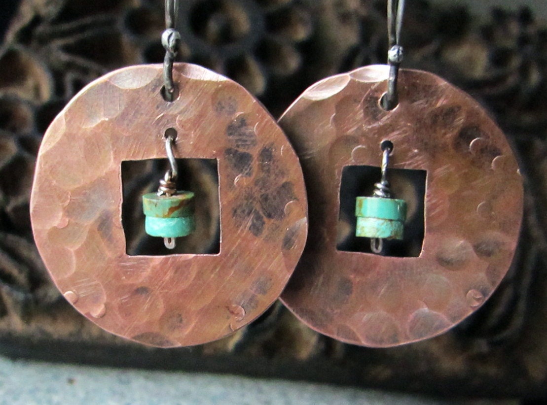 Rustic Copper Earrings With Turquoise Hammered Texture - Etsy