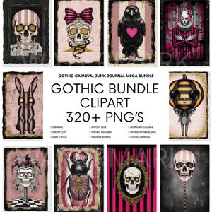 Peut inclure: Ensemble de cliparts gothiques avec des crânes, un corbeau avec un cœur, un lapin et une figure à tête de citrouille. Les images ont un style vintage et vieilli avec une esthétique de carnaval et effrayante. Le texte indique "Gothic Bundle Clipart 320+ PNG's".