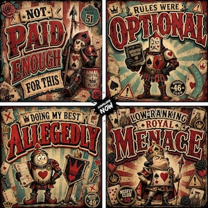 May include: Four vintage-style posters featuring playing card characters in armor. Top left: NOT PAID ENOUGH FOR THIS with a soldier. Top right: RULES WERE OPTIONAL with a king holding a rulebook. Bottom left: DOING MY BEST ALLEGEDLY. Bottom right: LOW-RANKING ROYAL MENACE.