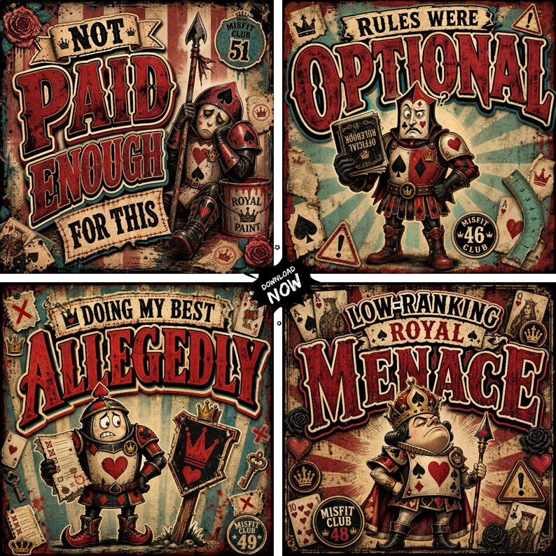 May include: Four vintage-style posters featuring playing card characters in armor. Top left: NOT PAID ENOUGH FOR THIS with a soldier. Top right: RULES WERE OPTIONAL with a king holding a rulebook. Bottom left: DOING MY BEST ALLEGEDLY. Bottom right: LOW-RANKING ROYAL MENACE.