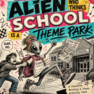 May include: A Feral Story Starters activity pack titled So You Summoned an Alien Who Thinks School is a Theme Park. The cover features a gray alien with a backpack and a student shirt running past a school building while holding a map.