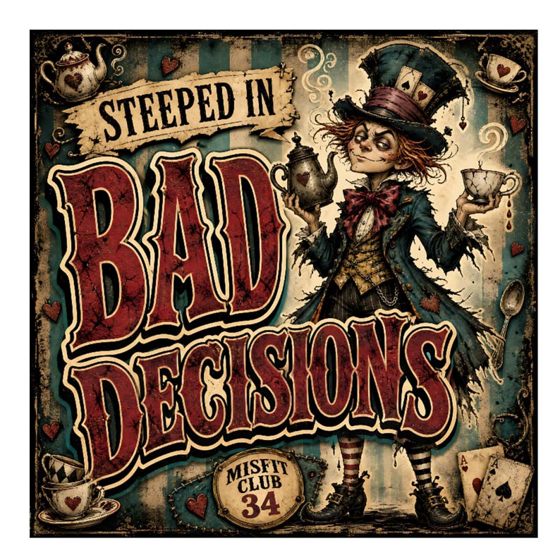 May include: A square wall sign featuring a character in a tall hat holding a teapot and teacup, with the text STEEPED IN BAD DECISIONS in large red letters. The background includes playing cards, teapots, and a badge labeled MISFIT CLUB 34.