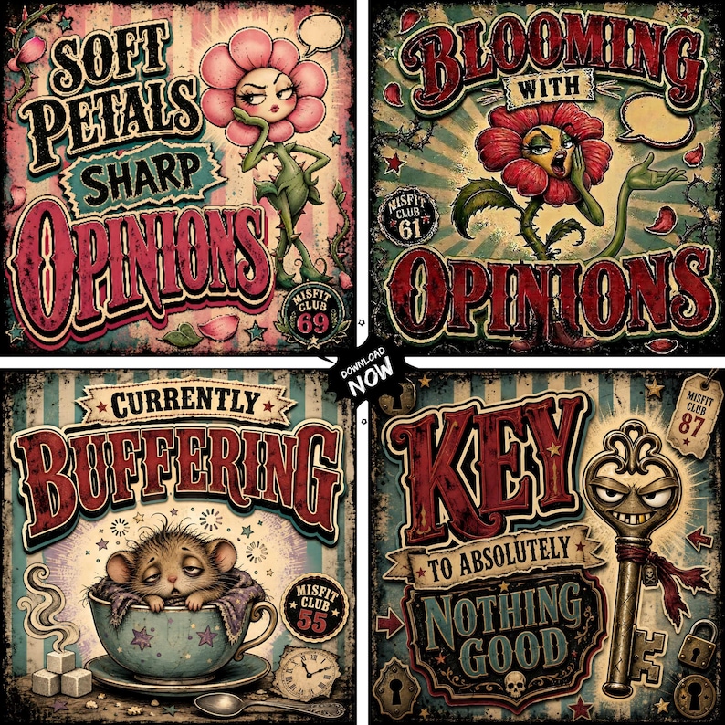 May include: A set of four square graphic art prints featuring vintage-style illustrations. Designs include a flower character with the text Soft Petals Sharp Opinions, a flower with Blooming With Opinions, a mouse in a teacup with Currently Buffering, and a key with Key To Absolutely Nothing Good.