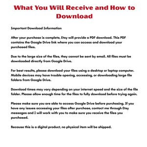 K&ouml;nnte beinhalten: Ein digitales Dokument mit dem Titel What You Will Receive and How to Download. Es enth&auml;lt Anweisungen f&uuml;r den Zugriff auf gekaufte Dateien &uuml;ber einen Google Drive-Link und weist darauf hin, dass Dateien zu gro&szlig; f&uuml;r E-Mails sind.