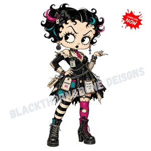 May include: A cartoon character with black hair featuring pink and blue streaks, wearing a black dress with patches, chains, and tags labeled PENDING, APPROVED NO, and FILED UNDER ABSOLUTELY NOT. The character wears mismatched striped stockings and black boots.