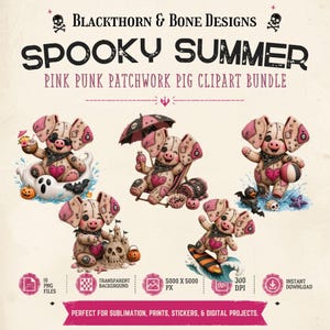 Peut inclure: Un ensemble de cliparts numériques intitulé Blackthorn & Bone Designs Spooky Summer Pink Punk Patchwork Pig. Il présente cinq illustrations de cochons en patchwork avec des accents roses, incluant des cochons avec bouée fantôme, parasol, ballon, château de sable et planche de surf.