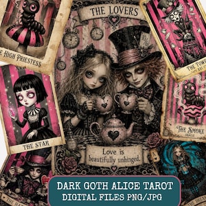 Gotisk Alice i Underlandet digitalt paket, mörk fantasy tarotkort PNG JPG, utskrivbar skräpjournal, ephemera, vintagekort, kommersiellt bruk