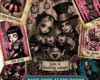 Gothic Alice im Wunderland Digital Bundle, Dark Fantasy Tarot Karten PNG JPG, Printable Junk Journal Ephemera, Vintage Karten, kommerzielle Nutzung