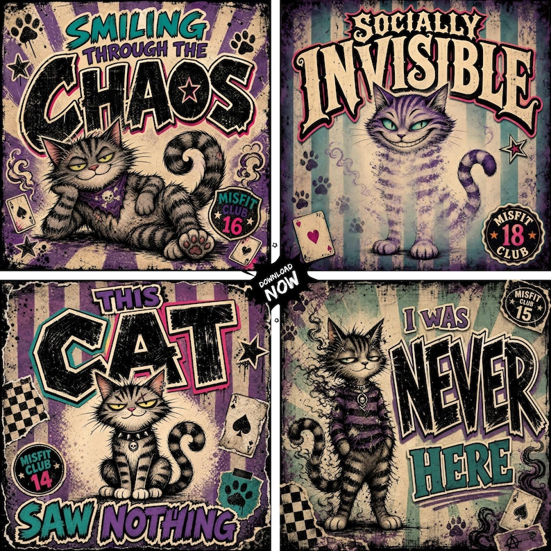 May include: Four square graphic art prints featuring illustrated tabby cats with purple and black color schemes. Text includes "Smiling Through The Chaos," "Socially Invisible," "This Cat Saw Nothing," and "I Was Never Here," with Misfit Club badges.