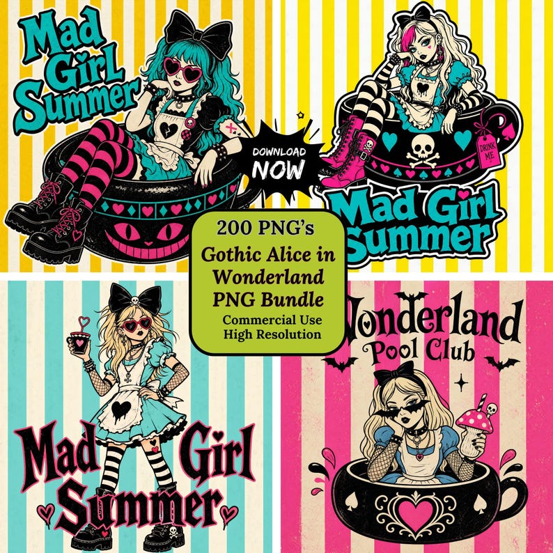 K&ouml;nnte beinhalten: Ein digitales Grafikpaket mit vier Illustrationen von Charakteren in Gothic-Kleidung mit t&uuml;rkisfarbenem oder blondem Haar, herzf&ouml;rmigen Brillen und gestreiften Str&uuml;mpfen. Der Text enth&auml;lt Mad Girl Summer, Wonderland Pool Club und 200 PNGs Gothic Alice in Wonderland.