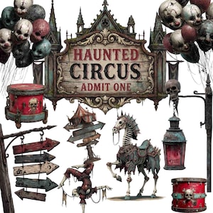 Pode incluir: Ilustração assustadora com um letreiro "Haunted Circus", caveiras, um cavalo esqueleto e um artista. O letreiro diz "Haunted Circus Admit One". Outros elementos incluem um tambor com uma caveira, setas e uma lanterna.