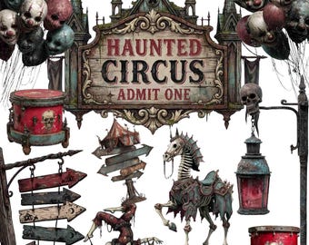 Haunted Circus Junk Journal Bundle 320+ PNG transparente Hintergründe, gruselige Karneval Ephemera, Gothic Zirkus Clipart, Vintage Rummelplatz