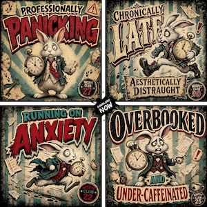 May include: Four vintage-style posters featuring white rabbits in Victorian clothing. Text includes Professionally Panicking, Chronically Late Aesthetically Distraught, Running on Anxiety, and Overbooked and Under-Caffeinated, with pocket watches.