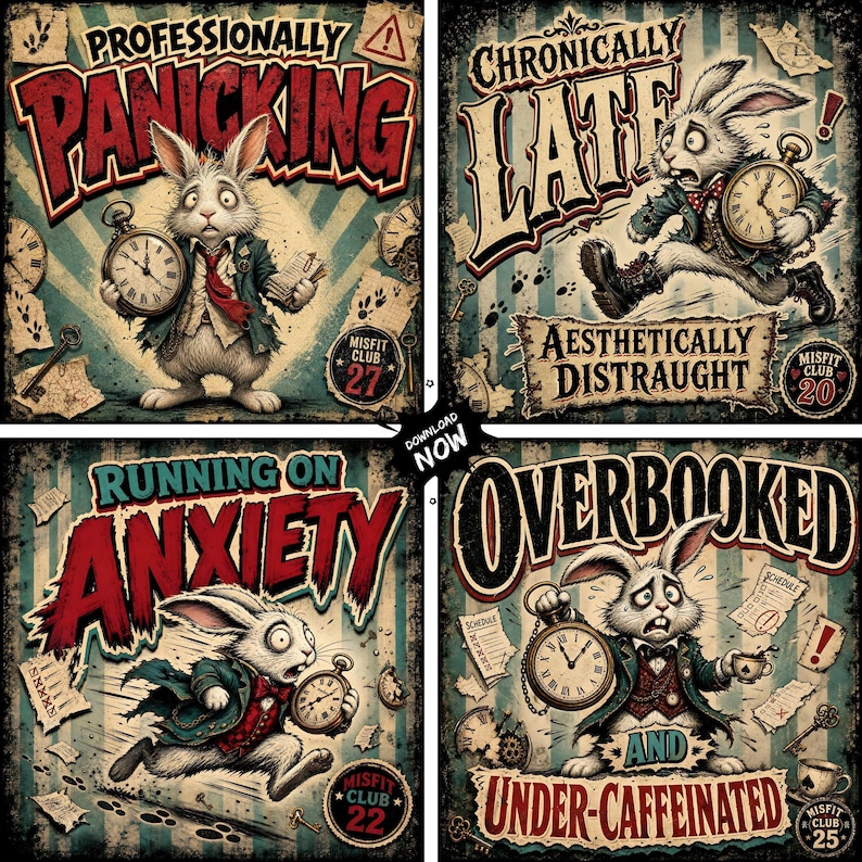 May include: Four vintage-style posters featuring white rabbits in Victorian clothing. Text includes Professionally Panicking, Chronically Late Aesthetically Distraught, Running on Anxiety, and Overbooked and Under-Caffeinated, with pocket watches.