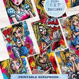 Alice i Underlandet skräpjournalkit, utskrivbara efemerakort 5x7, gotiskt grunge scrapbookpapper, Mad Hatter Cheshire Cat clipart, popkonst