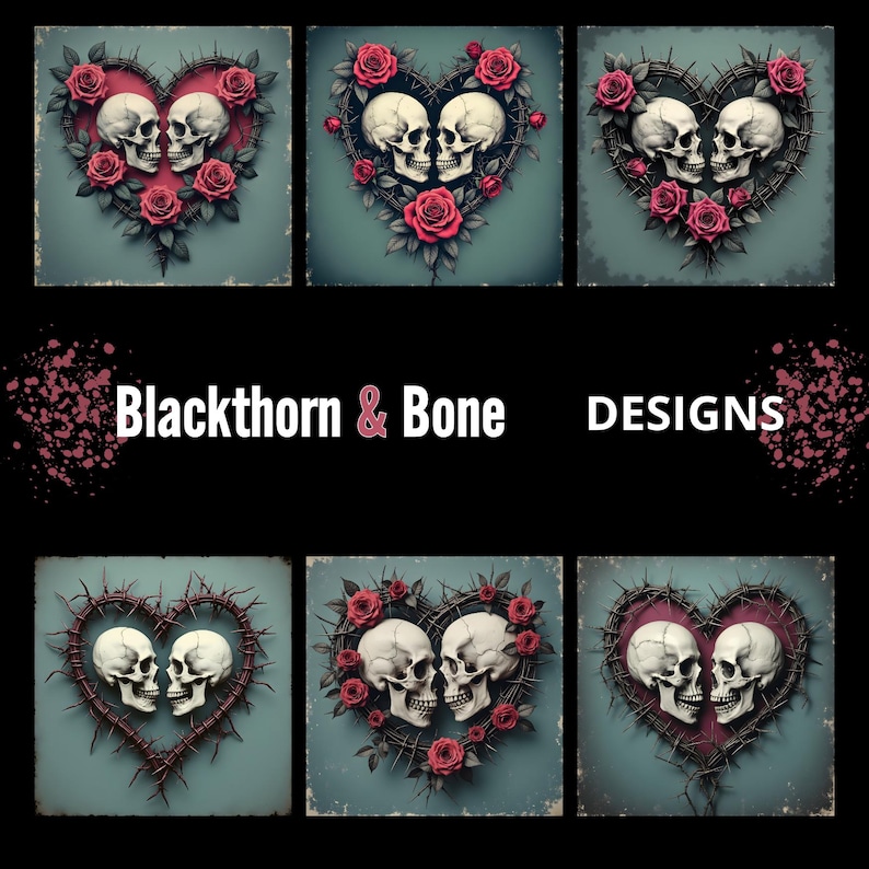 Gothic Couple Skull Heart Clipart, Digital Download Seamless Love ...