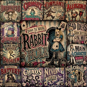 May include: A collage of Alice in Wonderland themed illustrations featuring characters like Alice, the Cheshire Cat, and playing cards. Text includes Down The Wrong Rabbit Hole, Lost But Decorated, Curiosity Comes In Small Bottles, and Bad Ideas.