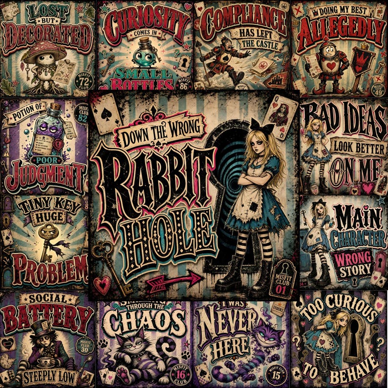 May include: A collage of Alice in Wonderland themed illustrations featuring characters like Alice, the Cheshire Cat, and playing cards. Text includes Down The Wrong Rabbit Hole, Lost But Decorated, Curiosity Comes In Small Bottles, and Bad Ideas.