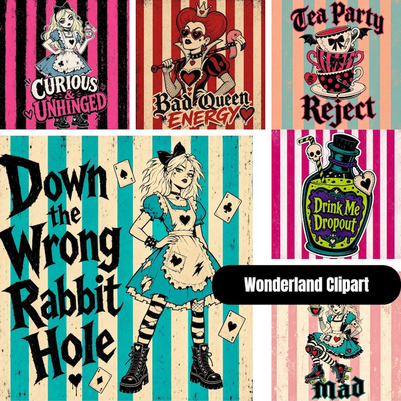Gothic Alice im Wunderland PNG Bundle, dunkles Wunderland Clipart, Junk Journal Ephemera, Scrapbook PNGs, 200 Designs, digitaler Download Bild 5