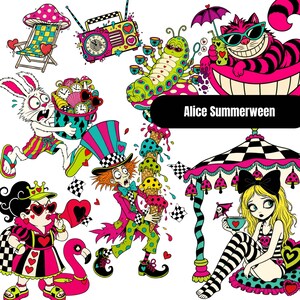 May include: A colorful illustration featuring characters and elements from Alice in Wonderland. The image includes a white rabbit, the Mad Hatter, the Cheshire Cat, and other whimsical figures, all in vibrant colors. Text on the image reads "Alice Summerween".