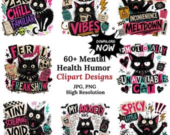 Lustige PNG-Bundle für psychische Gesundheit, sarkastische Angst PNGs, Goth Therapie Humor Clipart, Emo Aufkleber Designs, Sublimationsdateien