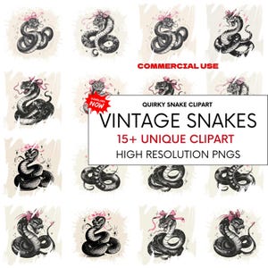 Vintage Snake Clipart Bundle, Coquette Goth Tattoo Style PNGs (Commercial Use)