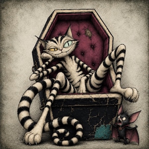 May include: A stylized illustration of a striped cat with one yellow and one blue eye resting inside a dark wooden coffin with a tufted magenta interior. A small black bat with pink wings and a red collar stands on the floor next to the coffin.