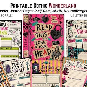 Puede incluir: Una colección de páginas de diario, planificadores y páginas de diario imprimibles de Gothic Wonderland. Las páginas presentan ilustraciones y texto con temas de autocuidado, TDAH y neurodivergencia. Las páginas están en archivos PNG y PDF, tamaño US Letter.