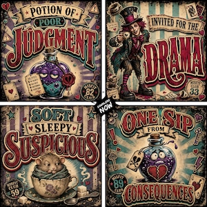 May include: A set of four square digital art prints featuring whimsical illustrations. Designs include a purple potion bottle labeled Potion of Poor Judgment, a character in a top hat titled Invited for the Drama, a hedgehog in a teacup labeled Soft Sleepy Suspicious, and a purple potion bottle labeled One Sip from Consequences.