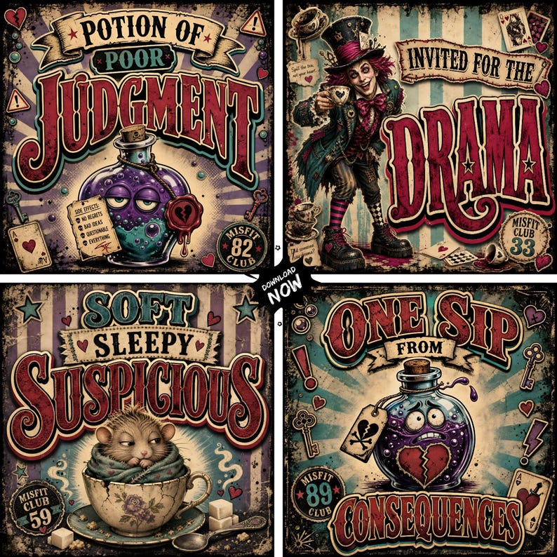 May include: A set of four square digital art prints featuring whimsical illustrations. Designs include a purple potion bottle labeled Potion of Poor Judgment, a character in a top hat titled Invited for the Drama, a hedgehog in a teacup labeled Soft Sleepy Suspicious, and a purple potion bottle labeled One Sip from Consequences.