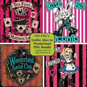 K&ouml;nnte beinhalten: Ein digitales Grafikpaket mit vier Paneelen zum Thema Alice im Wunderland. Die Elemente umfassen gestapelte Teetassen, einen Punk-Hasen mit Uhr, ein Wonderland Social Club-Emblem mit Schl&uuml;ssel und eine Figur, die eine Flasche h&auml;lt.