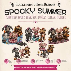 Spooky Summer Clipart, Punk Patchwork Friends Clipart, Beach Group PNG Bundle, Gothic Storybook Animals, Grunge Halloween, Junk Journal