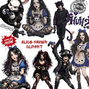 May include: Alice in Wonderland-themed gamer clipart featuring various characters with gaming controllers. The collection includes a white rabbit, Alice, and other figures in gothic and anime styles. The text "Alice Gamer Clipart" is visible.