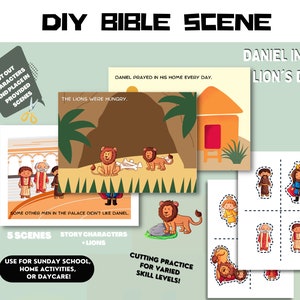Pode incluir: Uma atividade de cena bíblica DIY imprimível para crianças com Daniel na cova dos leões. A atividade inclui cinco cenas, personagens da história e leões. Recorte os personagens e coloque-os nas cenas fornecidas.  Prática de corte para diferentes níveis de habilidade. Use para a escola dominical, atividades em casa ou creche.