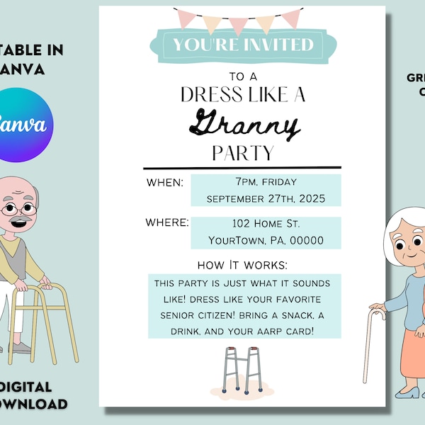 Dress Like A Granny Party Invitation | Canva Template | Printable Invitation