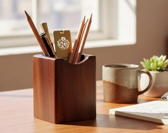 Walnut Pen Holder, Natural Wood Desk Organizer for Office Supplies, Minimalist Desktop Pencil Holder