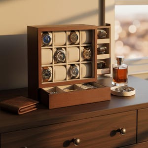 Boîte à montres en bois, 12 emplacements • Vitrine verticale avec tiroirs • Cadeau d'anniversaire pour lui