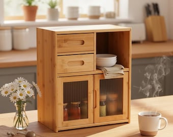Bamboo Kitchen Bread Box, 2 Drawer Countertop Pantry Storage Cabinet, Food Organizer for Kitchen