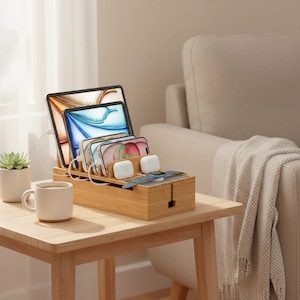 May include: A bamboo charging station holds multiple smartphones, tablets, and accessories. The devices are arranged in slots, with charging cables connected. White earbuds and a smartwatch are also visible. A small succulent in a white pot and a mug sit nearby.