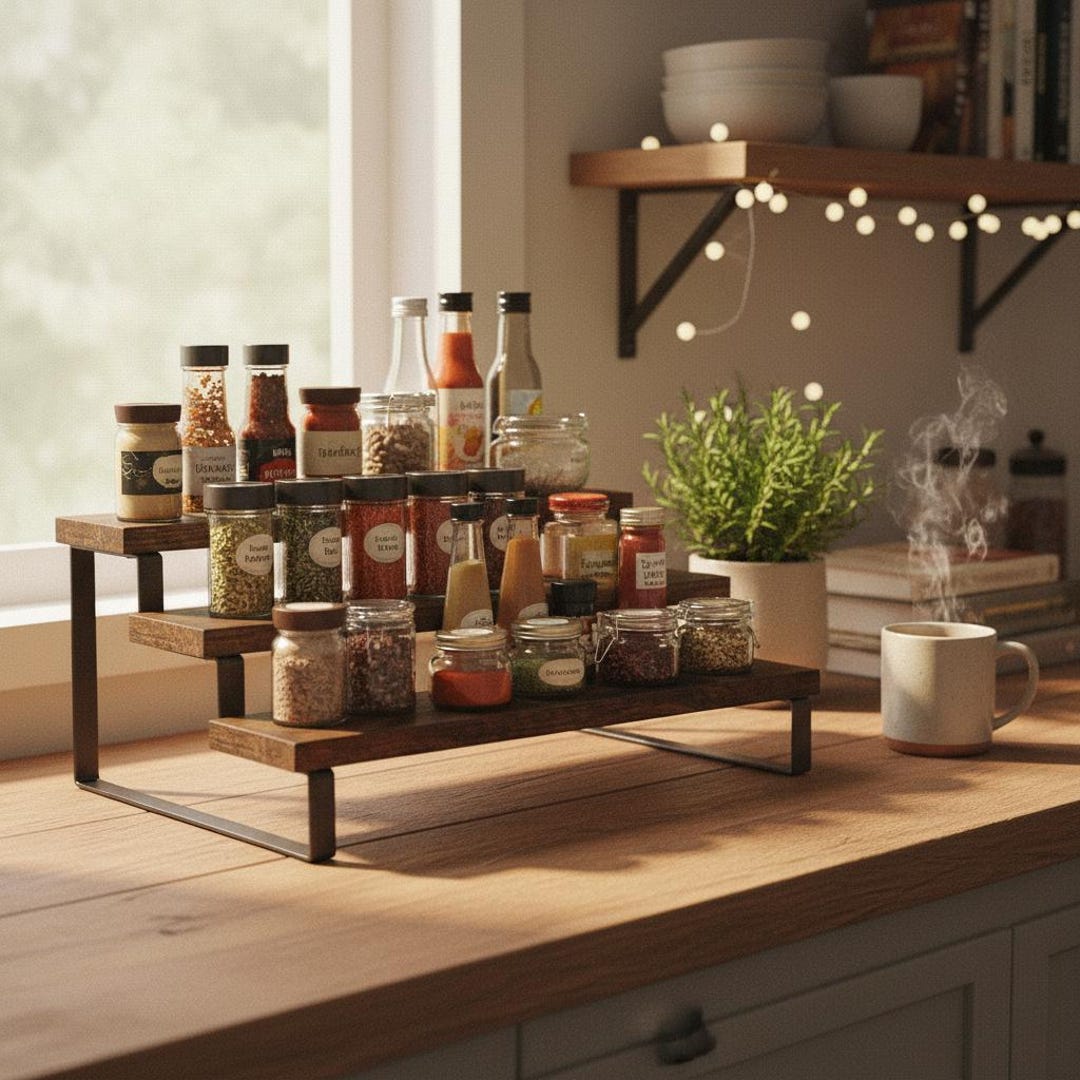 Wooden Spice Rack 3 Tier, Countertop Display Riser for Kitchen ...